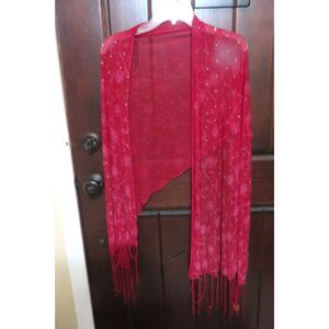 Vintage Red Wine Burgundy Floral Pattern with Sequins Scarf Shawl Wrap Boho